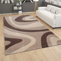 Paco Home Tapis De Salon Poils Ras Motif Ondulé Abstrait Moderne Design 3D Beige Marron 120x170 Cm
