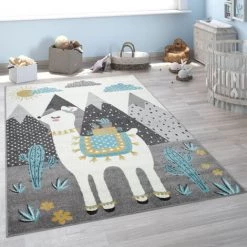 Paco Home Tapis Pour Enfant, Poils Ras Pour Chambre D'Enfant, Lama, Montagnes, Motif Enfants, Coloré Gris 120x160 Cm