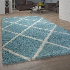 Paco Home Tapis De Salon Poils Longs Shaggy Motif Losanges Scandinave Moderne Turquoise 60x100 Cm