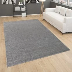 Paco Home Tapis Pour Salon Uni Poils Ras Sobre Et Moderne, Gris Foncé 200 Cm Carré