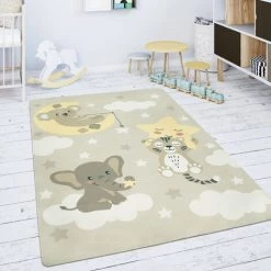 Paco Home Tapis Chambre Enfant Tapis De Jeux Tapis Bébé Étoile Nuage Lune Beige Blanc 80 Cm Rond