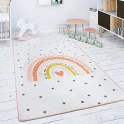 Paco Home Tapis Chambre Enfant Tapis De Jeux Tapis Bébé Arc-En-Ciel Cœur Blanc Cassé Rose 80 Cm Rond