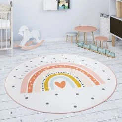 Paco Home Tapis Chambre Enfant Tapis De Jeux Tapis Bébé Arc-En-Ciel Cœur Blanc Cassé Rose 80 Cm Rond -Tapis et paillasson Soldes 50629429 3