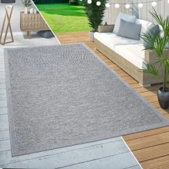 Paco Home Tapis Intérieur & Extérieur Balcon Terrasse Cuisine Design Bordures Moderne Gris Ø 200 Cm Rond