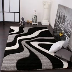 Paco Home Tapis De Créateur Aux Contours Découpés Motif Vagues En Gris Noir Blanc 160x230 Cm