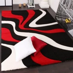 Paco Home Tapis De Créateur Aux Contours Découpés Motif Vagues En Rouge Noir Blanc 60x110 Cm