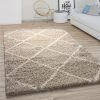 Paco Home Tapis De Salon Poils Longs Shaggy Motif Losanges Scandinave Moderne Beige 60x100 Cm
