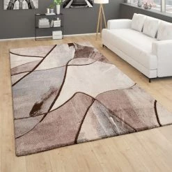 Paco Home Tapis De Salon Poils Ras Moderne Effet 3D Motif Géométrique Brun Beige 60x100 Cm