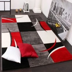 Paco Home Tapis De Créateur Aux Contours Découpés à Carreaux En Rouge Noir Crème 60x110 Cm