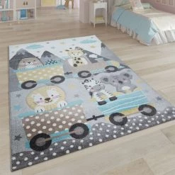 Paco Home Tapis Enfant Tapis Chambre Enfant Garçon Fille Effet 3D Motif Animal Gris Jaune 80x150 Cm
