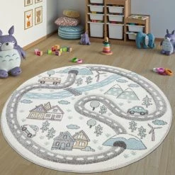 Paco Home Tapis Enfant Chambre Denfant Rond Poils Ras Rues Design Pastel Blanc Cassé Ø 160 Cm Rond