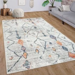 Paco Home Tapis De Salon Poils Ras Motif Diamant 3D Ethnique Boho Moderne Crème Coloré 80x150 Cm