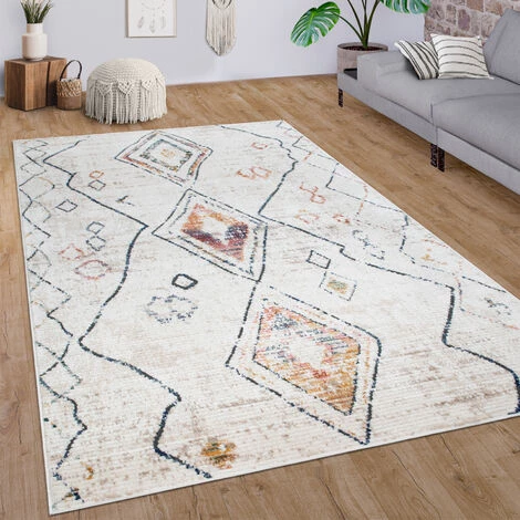 Paco Home Tapis De Salon Poils Ras Motif 3D Ethnique Boho Diamants Moderne Crème Coloré 80x150 Cm 1 Paco Home Tapis De Salon Poils Ras Motif 3D Ethnique Boho Diamants Moderne Crème Coloré 80x150 Cm
