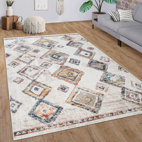 Paco Home Tapis Salon Poils Ras Motif 3D Ethnique Boho Diamants Clair Moderne Crème Coloré 60x100 Cm 1 Paco Home Tapis Salon Poils Ras Motif 3D Ethnique Boho Diamants Clair Moderne Crème Coloré 60x100 Cm