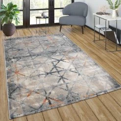 Paco Home Tapis De Salon Gris Tapis Vintage Poils Ras Motif Diamant Moderne Orange Bleu 200x280 Cm