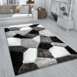 Paco Home Tapis Shaggy Tapis Salon Poil Long Effet 3D Motif Abstrait Moelleux Gris Blanc 60x100 Cm