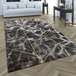 Paco Home Tapis De Salon Tapis Poil Ras Effet 3D Aspect Marbre Motif Géométrique Diamants 80x150 Cm, Or
