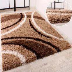 Paco Home Tapis Shaggy Longues Mèches Hautes Motifs Marron Beige Crème 70x140 Cm