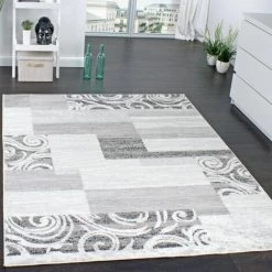 Paco Home Tapis De Créateur Contemporain Avec Swirl Et Carreaux Marbré En Gris Crème 80x150 Cm