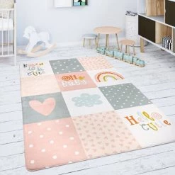 Paco Home Tapis Chambre Enfant Tapis De Jeux Tapis Bébé Losanges Gris Rose Blanc 80 Cm Rond