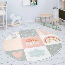 Paco Home Tapis Chambre Enfant Tapis De Jeux Tapis Bébé Losanges Gris Rose Blanc 80 Cm Rond -Tapis et paillasson Soldes 50630408 3