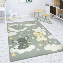 Paco Home Tapis Chambre Enfant Tapis De Jeux Tapis Bébé Étoile Nuage Lune Gris Blanc 80 Cm Rond