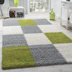 Paco Home Tapis Shaggy Longues Mèches Hautes Carreaux Gris Blanc Vert 70x250 Cm