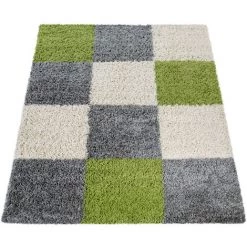 Paco Home Tapis Shaggy Longues Mèches Hautes Carreaux Gris Blanc Vert 70x250 Cm -Tapis et paillasson Soldes 50630642 5