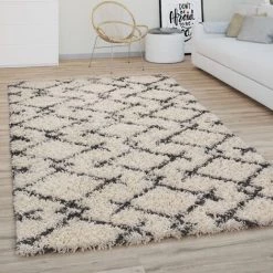 Paco Home Tapis Shaggy Tapis De Salon Poil Long Moderne Boho Scandinave Motif Diamant 60x100 Cm, Crème Anthracite 3