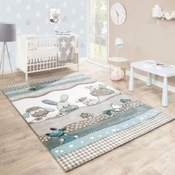 Paco Home Tapis Pour Enfants Chambre DEnfant Contours Découpés Ferme Animaux Beige Crème Couleurs Pastel Ø 120 Cm Rond