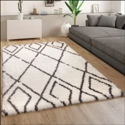 Paco Home Tapis Shaggy Tapis De Salon Poils Longs Scandinave Motif Diamant Crème Gris 60x90 Cm