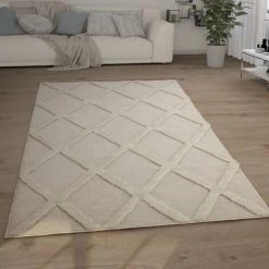 Paco Home Tapis Poils Longs Tapis Salon Shaggy Aspect 3D Ethnique Boho Look Vintage Doux 60x100 Cm, Crème 5