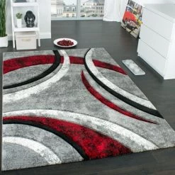 Paco Home Tapis Design à Contours Motif Ligné Moucheté Gris Noir Rouge Crème 60x110 Cm