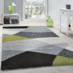 Paco Home Tapis Shaggy Longues Mèches Hautes Motifs Gris Noir Blanc Vert 70x140 Cm
