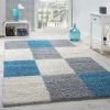 Paco Home Tapis Shaggy Longues Mèches Hautes Carreaux Gris Blanc Turquoise 70x250 Cm