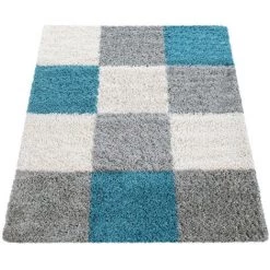 Paco Home Tapis Shaggy Longues Mèches Hautes Carreaux Gris Blanc Turquoise 70x250 Cm -Tapis et paillasson Soldes 50631214 5