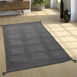 Paco Home Tapis De Créateur Tapis Tissé Kilim Tissé Main 100 % Coton Moderne Chiné Gris 60x110 Cm