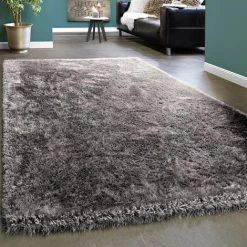 Paco Home Élégant Tapis Shaggy Poils Hauts Uni Moelleux Brillant En Gris Gris Clair 120x170 Cm