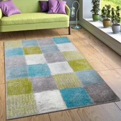 Paco Home Créateur Tapis Salon Original Combinaison De Couleurs Carreaux Turquoise Vert Gris 80x150 Cm