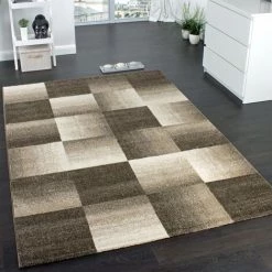Paco Home Tapis Design à Carreaux Tapis Velours Moderne En Beige Crème 80x150 Cm