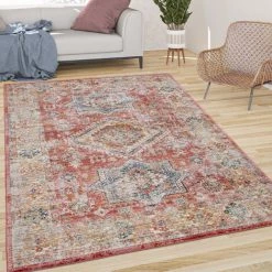 Paco Home Tapis De Salon Poils Ras Vintage Motif Orient Avec Bordure Moderne Rouge Jaune 60x100 Cm