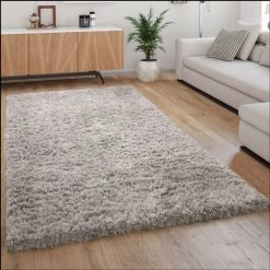 Paco Home Tapis Poils Hauts Moelleux Moderne Shaggy Style Flokati Confortable Uni Gris Ø 120 Cm Rond