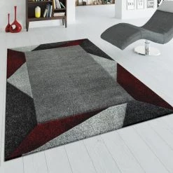 Paco Home Tapis De Salon Moderne À Poils Ras Effet 3D Bordure Géométrique Rouge Gris 80x150 Cm