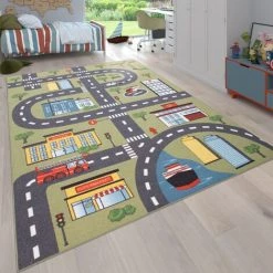 Paco Home Tapis Pour Enfant Chambre D'Enfant, Tapis De Jeu Motif Rues Et Voitures, Vert 80x150 Cm