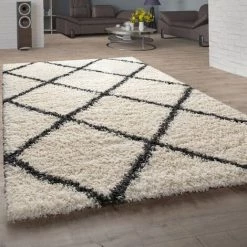 Paco Home Tapis Poils Longs, Shaggy Pour Salon, Design Scandinave Et Motif Losanges Beige Ø 80 Cm Rond