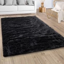 Paco Home Tapis Shaggy Tapis De Salon Fausse Fourrure Poil Long Moelleux Monochrome Noir 60x100 Cm