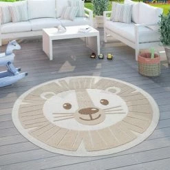 Paco Home Tapis Enfant Chambre Enfant Rond Tapis De Jeux Garçon Fille Effet 3D Lion Beige Ø 120 Cm Rond