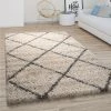 Paco Home Tapis De Salon Poils Longs Shaggy Motif Losanges Scandinave Moderne Beige Gris Ø 120 Cm Rond