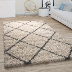 Paco Home Tapis De Salon Poils Longs Shaggy Motif Losanges Scandinave Moderne Beige Gris Ø 120 Cm Rond