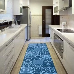 EMMEVI Tapis De Cuisine Moderne Coureur Bordé Absorbant Antidérapant Lavable Maiolique 3D Bleu - 50x75 Cm -Tapis et paillasson Soldes 51352197 3